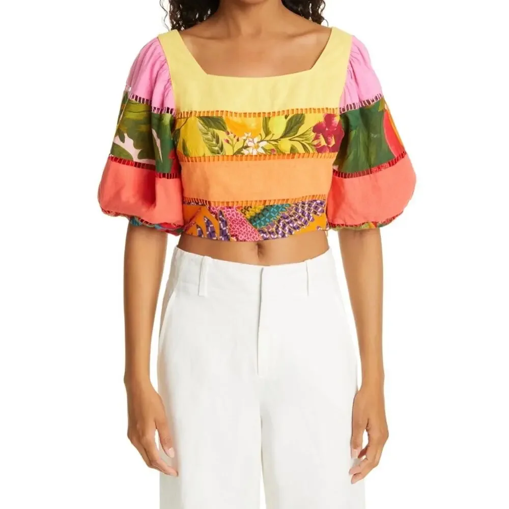 FARM Rio Rainbow Mixed Prints Tiered Linen Blend Crop Top Womens Size XS Orange - Picture 5 of 11